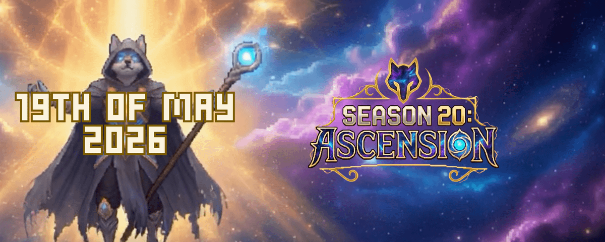 A mystical, hooded figure holds a staff amid cosmic imagery, with "19th of May 2026" and "Season 20: Ascension" prominently displayed.