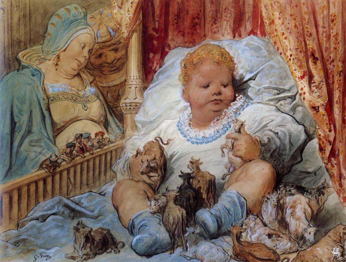 A fat blond infant giant dressed in a fancy smock and lying in a luxurious crib is busy playing with live cows. A fat blond infant giant dressed in a fancy smock and lying in a luxurious crib is busy playing with live cows.