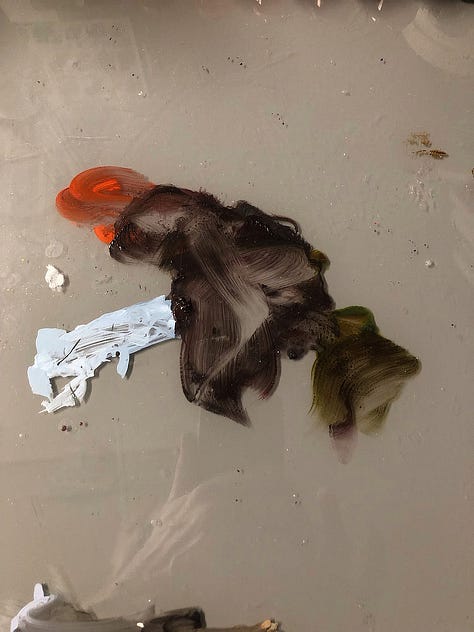 LEFT: Paint marks on palette paper that inspired LEAPIN' LIZARD. The largest splotch is brown which eventually became the body, back legs, and tail. The adjacent red suggested the colorful head of the lizard. The white extending down on a diagonal is roughly claw shaped and became the fore limbs. CENTER: Work-in-progress photo of LEAPIN' LIZARD. The lizard and rider are more roughly rendered. The right forelimb of the creature is not yet present. The background is roughly sketched but not yet complete in the composition of rocks that frame the action. The sky has a streak of blue that isn't present in the final painting. RIGHT: Detail from LEAPIN' LIZARD featuring a warrior in winged helm and flowing loin cloth standing on the back of a giant lizard poised to leap.