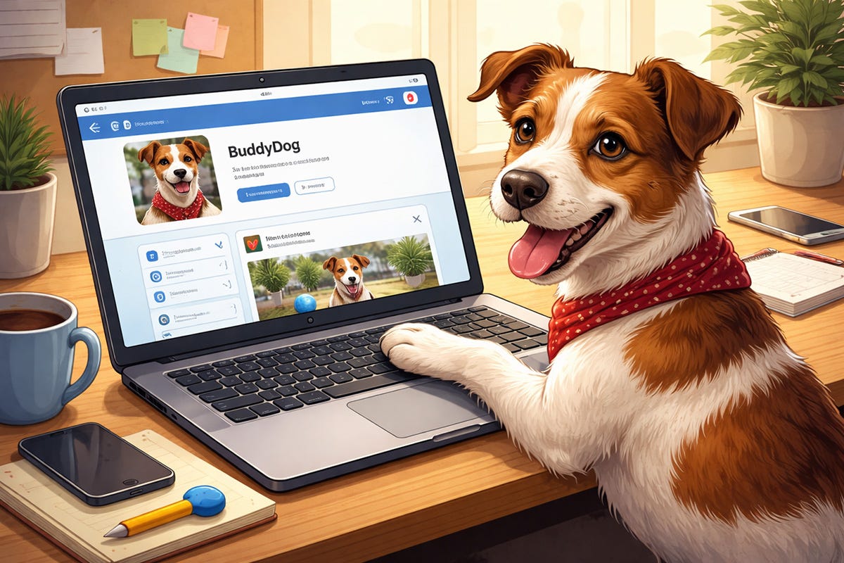 Cartoon image of a dog using social media