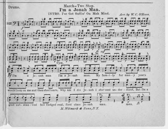 sheet music for 'i'm a jonah man' drum section. March- two step intro I'se got suffin on mah mind