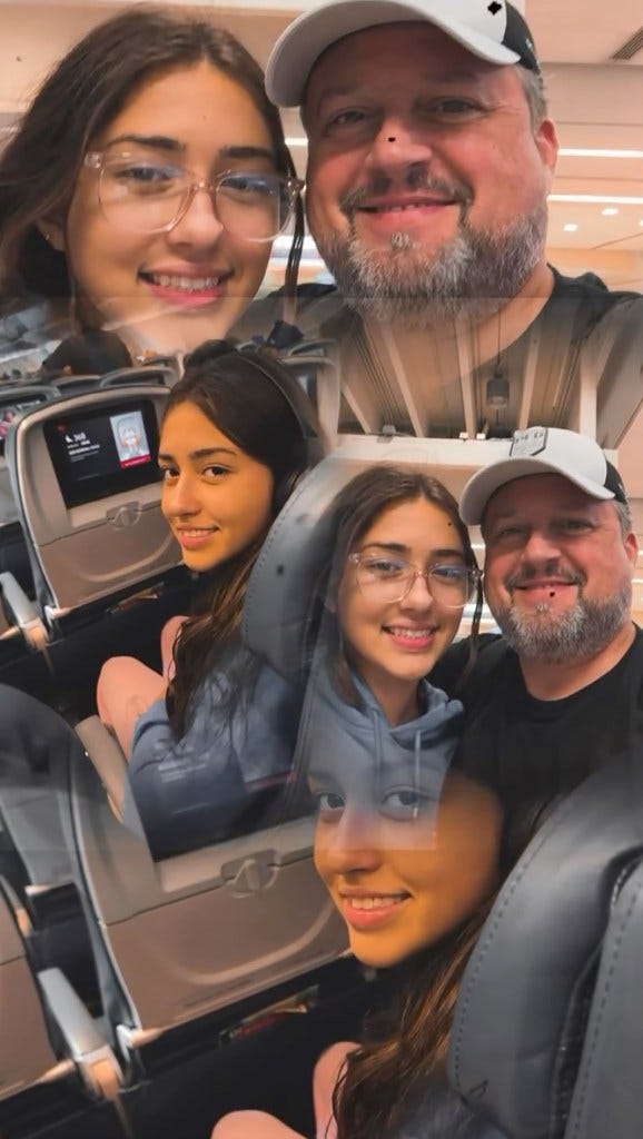 Collage of Sophia Cover and her father on an airplane.