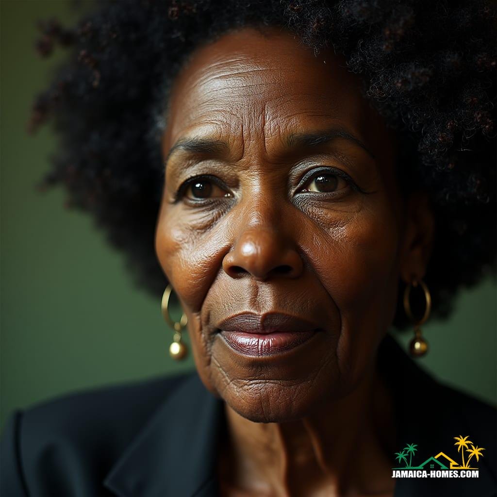 Close-up portrait of a wise, aged Jamaican woman, her face a topographic map of wrinkles and wisdom, adorned with a dignified afro and warm, knowing eyes, dressed in a professional yet elegant attire, perhaps a tailored suit with a subtle Caribbean flair, as she expounds on the intricacies of legal theories with authority and passion.