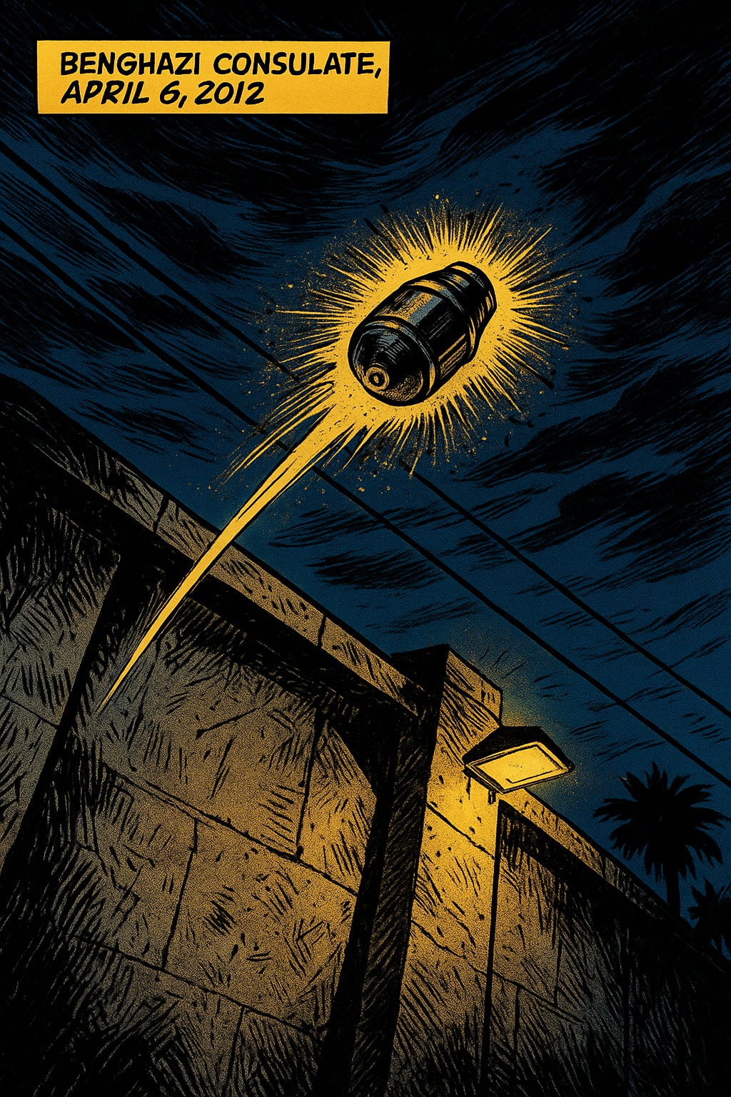 Dramatic Jack Kirbystyle comic book panel depicting a tense night scene at the Benghazi consulate, April 6, 2012. LOW ANGLE SHOT looking up at a stark concrete perimeter wall dominating the foreground, rendered with bold, angular geometric forms and deep shadows. The wall texture shows Kirbystyle mechanical crosshatching and heavy ink work. Above the wall's edge, a cylindrical IED arcs through the air in MIDTRAJECTORY, trailing a streak of motion lines and surrounded by Kirby crackle energy effects that radiate outward in concentric circles. The explosive device is rendered with precise technical detail but stylized with dramatic foreshortening. BACKGROUND: Dark navy blue night sky filled with ominous clouds rendered in sweeping, dynamic curves. Harsh sodiumyellow security lights mounted on the wall cast sharpedged geometric shadows and create intense contrast between light and dark areas. The lighting creates a chiaroscuro effect with deep blacks and bright highlights. ATMOSPHERIC EFFECTS: Kirby dots cluster around the arc of the thrown device, suggesting kinetic energy and impending danger. Speed lines radiate from the point of release beyond the wall. Palm trees in the distant background are silhouetted as dark, angular shapes against the sky. COMPOSITION: Diagonal power lines cut across the upper third of the panel, creating dynamic tension. The entire scene is framed at a Dutch angle tilted horizon to emphasize instability and threat. Bold, heavy blacks dominate the shadows while areas of extreme brightness create maximum contrast. The style emphasizes the epic scale and dramatic intensity of the moment with exaggerated perspective and heroic proportions typical of Kirby's documentary realism approach. Jack Kirby comic book art style, dynamic composition, bold inking, dramatic angles, high contrast black and white with color accents, 1960s Marvel Comics aesthetic, Kirby dots energy effects.png