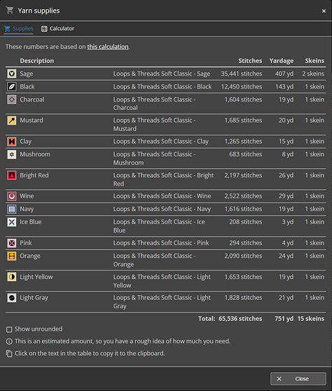Three images showing the progress of the tapestry, including a yarn inventory list and stitch count