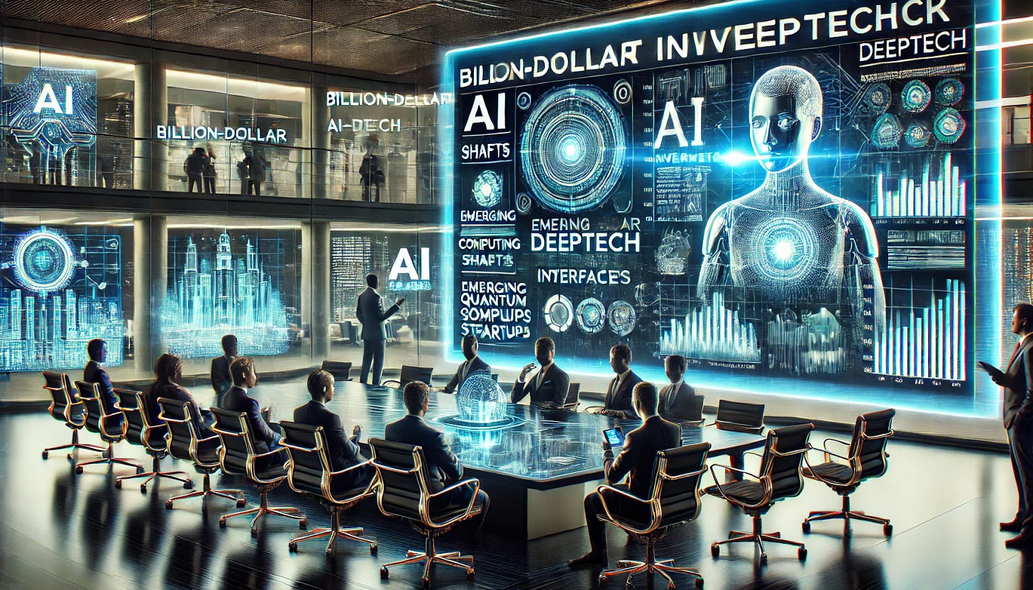A futuristic financial briefing focused on AI investments in DeepTech. A sleek, high-tech boardroom with venture capitalists analyzing holographic charts displaying billion-dollar AI market shifts, emerging DeepTech startups, and investment trends. In the background, futuristic AI-driven technologies such as biotech advancements, quantum computing interfaces, and autonomous robotics are showcased on digital screens. The setting is modern and cutting-edge, highlighting the intersection of AI innovation and venture capital strategy.