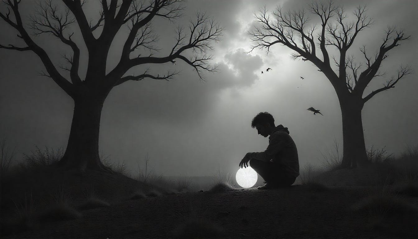 founder in dark landscape holding glowing idea while surrounded by ghostly failed product trees founder in dark landscape holding glowing idea while surrounded by ghostly failed product trees