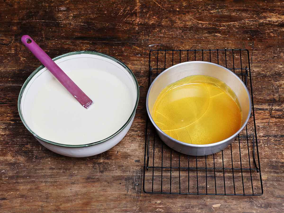 flan mixture next to baking pan flan mixture next to baking pan