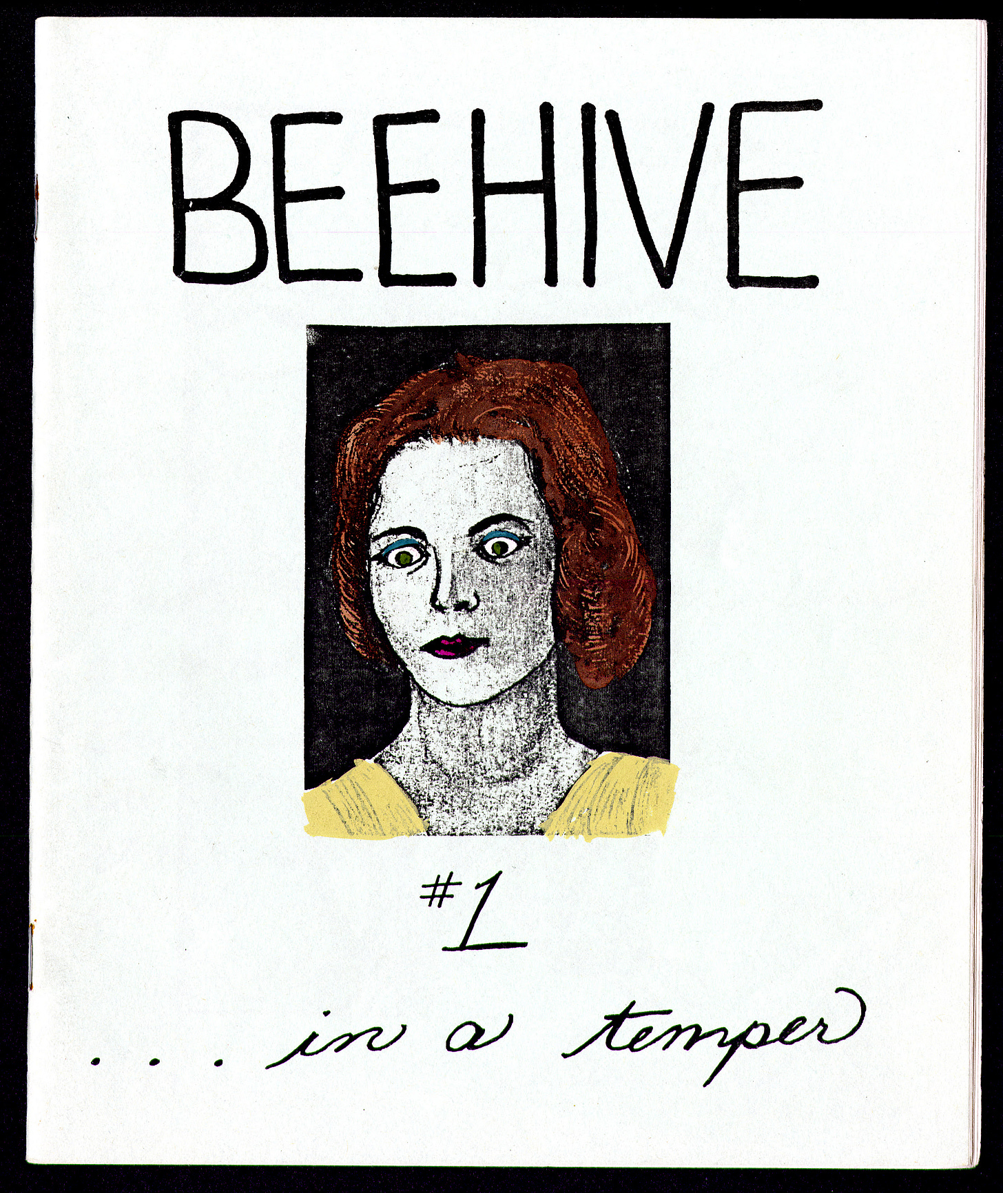 a photocopied square with hand written text that says BEEHIVE ...in a temper with a wide eyed drawing of a woman with a goiter, hand coloured in with paint a photocopied square with hand written text that says BEEHIVE ...in a temper with a wide eyed drawing of a woman with a goiter, hand coloured in with paint
