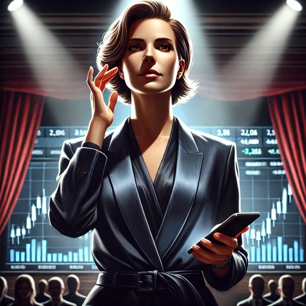 A realistic illustration of a female trader as the main actress in a dramatic play setting. The scene focuses on a middle-aged woman with natural features, wearing a sharp business suit, standing confidently under a spotlight on a grand stage with dramatic lighting. Her expression is intense and determined, with a look of focus and concentration. She holds a smartphone in one hand while the other hand is poised mid-gesture, conveying confidence and authority. The background is subtly blurred, hinting at digital screens displaying market data and stock charts, but the emphasis remains on the actress's realistic features, strong posture, and commanding presence. The stage's red curtains are partially visible, adding to the dramatic and professional atmosphere.