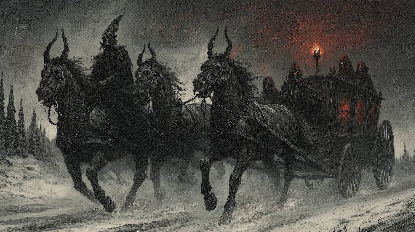 A dark fantasy scene of a skeletal, horned demon driving a black carriage pulled by undead horses through a snowy forest, with robed figures and red torchlight glowing from the carriage.