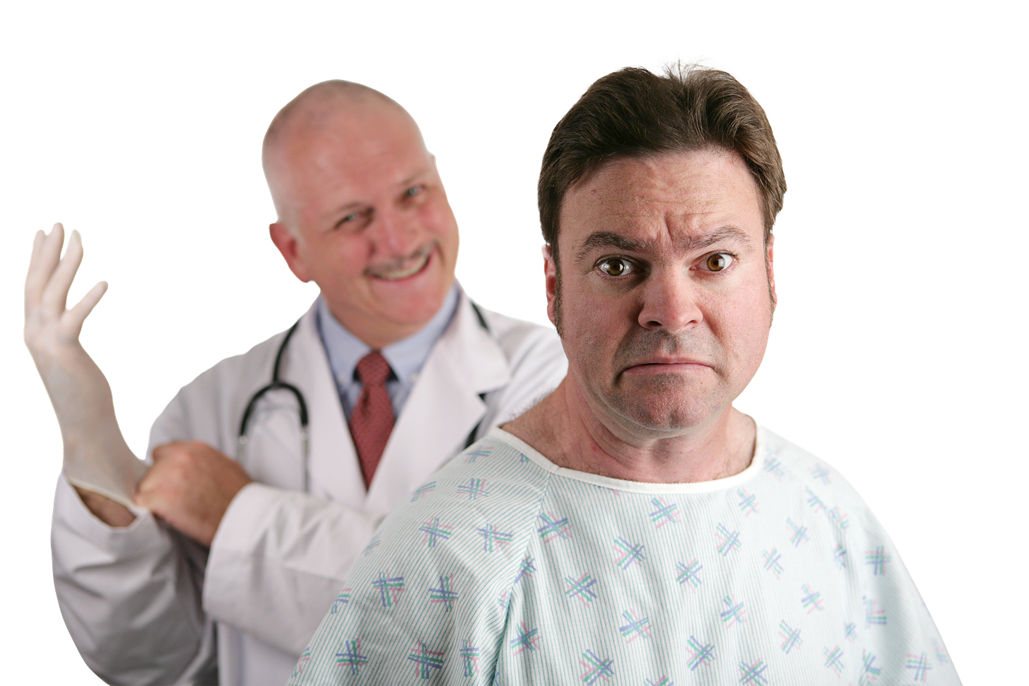 Photo of smiling doctor putting on a white glove to prepare guy for prostate exam. Guy looks worried and concerned and extremely apprehensive. Both guys are white, which is important for this context Photo of smiling doctor putting on a white glove to prepare guy for prostate exam. Guy looks worried and concerned and extremely apprehensive. Both guys are white, which is important for this context