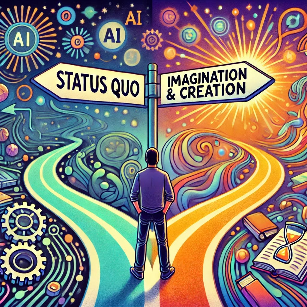 A cartoon-style illustration in a vibrant Kiwi (New Zealand) art style. A person stands at a crossroads with two distinct paths. One path is a rigid, structured road labeled 'Status Quo,' and the other is a wild, luminous, ever-evolving pathway labeled 'Imagination & Creation.' The person is gazing toward the latter, with symbols of AI, innovation, and creativity swirling around them—gears, glowing circuits, floating books, and abstract futuristic elements. The scene is dynamic, energetic, and forward-looking, with a colorful and playful aesthetic inspired by New Zealand's unique artistic style.