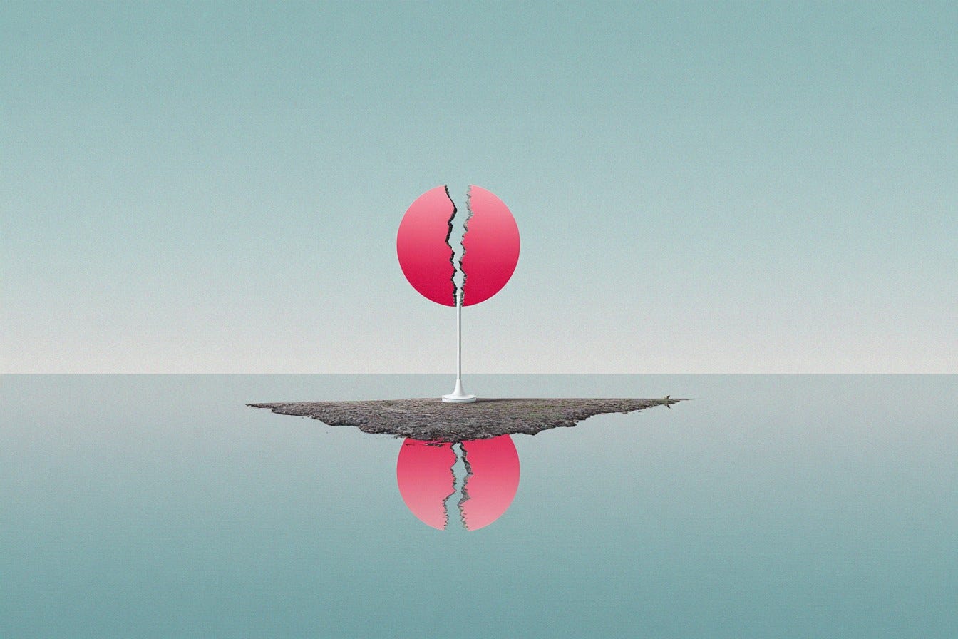 a red cicle cracked in half over a reflecting pool a red cicle cracked in half over a reflecting pool