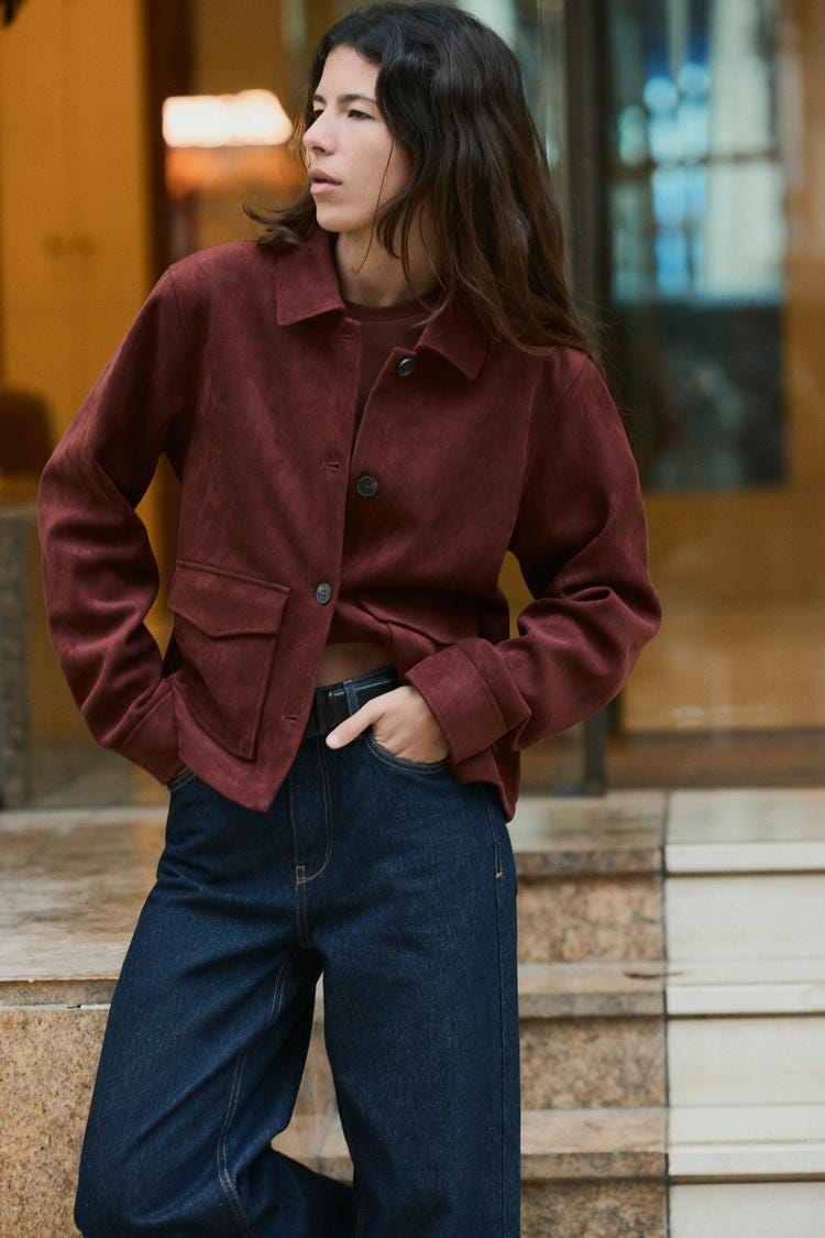 Zara FAUX SUEDE JACKET - Burgundy - Image 0