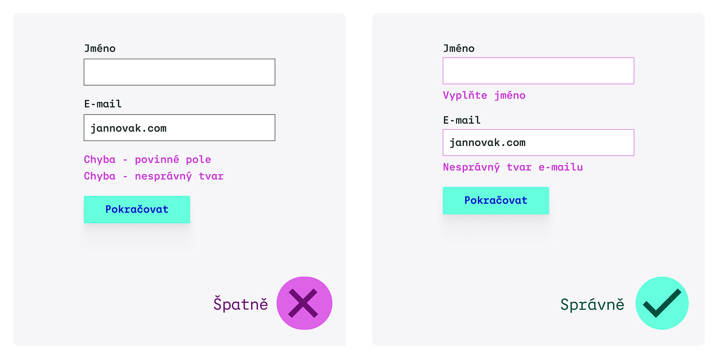 Vlevo (špatně) validace probíhá až po odeslání formuláře na server. Vpravo (správně) validace probíhá v průběhu vyplňování.