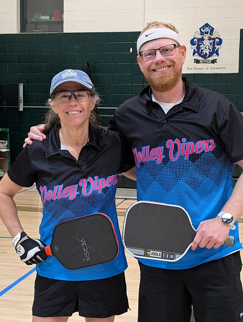 pickleball players pose and smile in Cloudcroft, New Mexico