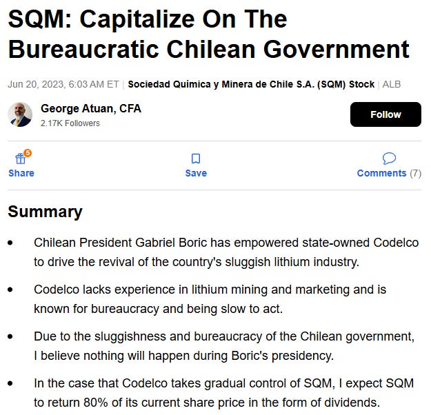 George Atuan’s June 2023 Seeking Alpha article, “SQM: Capitalize On The Bureaucratic Chilean Government,” presented the original bullish case. George Atuan’s June 2023 Seeking Alpha article, “SQM: Capitalize On The Bureaucratic Chilean Government,” presented the original bullish case.