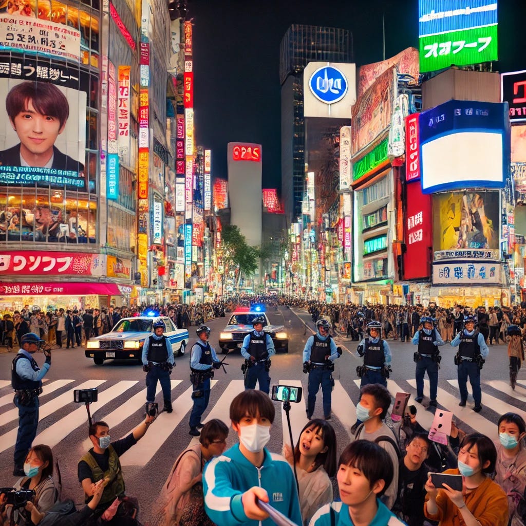 A lively night scene in Shinjuku, Tokyo, with numerous American live streamers causing trouble. Neon lights illuminate the bustling streets filled with towering billboards and crowded sidewalks. Several live streamers with selfie sticks and cameras are engaging in disruptive antics—some blocking traffic, others loudly interacting with confused locals. Police officers and bystanders react with concern or amusement, adding to the chaotic atmosphere.
