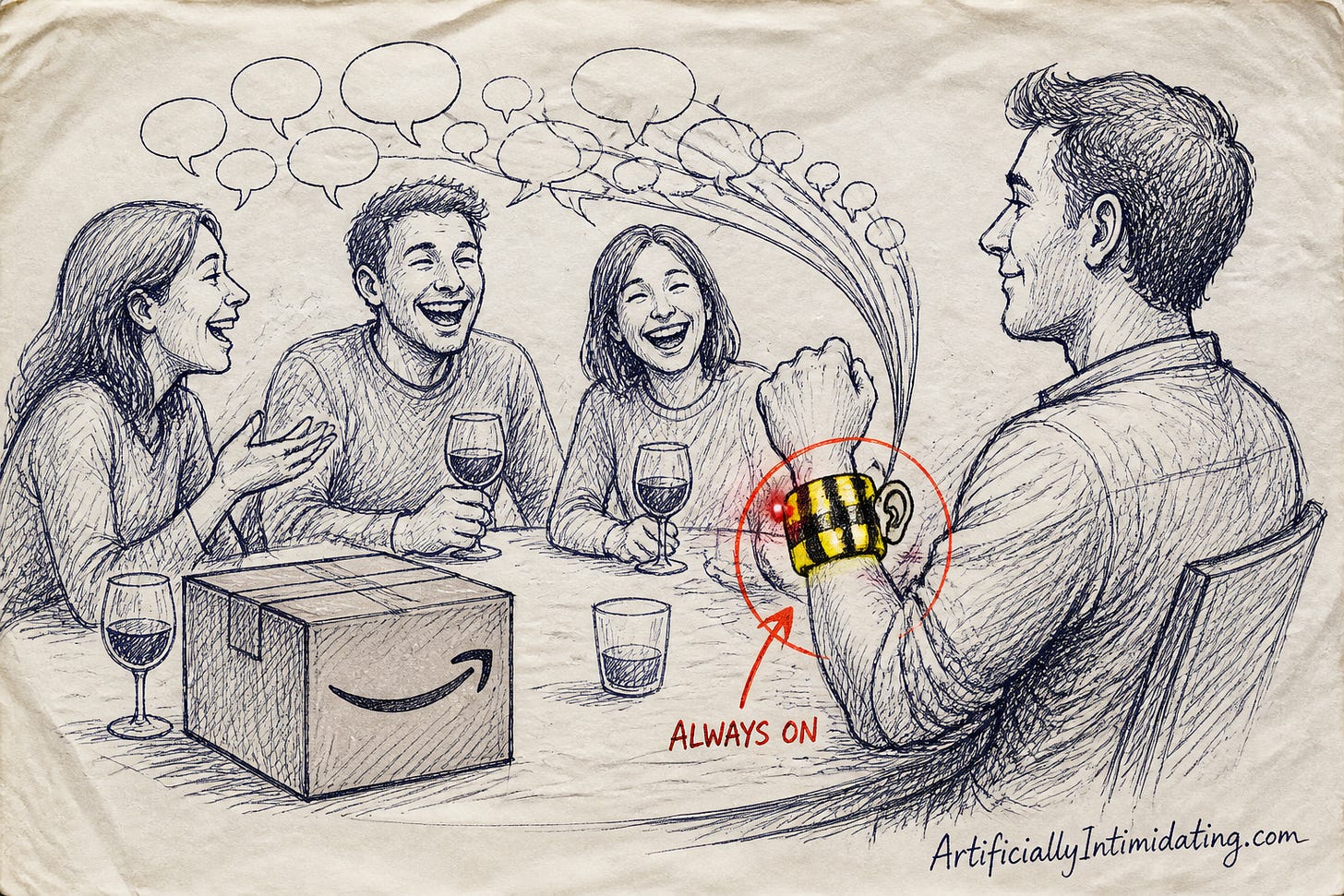 At a dinner table, friends laugh while a yellow-and-black striped wrist band with a glowing red light and a small ear on a man's arm soaks up speech bubbles, beside a cardboard box with a smile arrow. At a dinner table, friends laugh while a yellow-and-black striped wrist band with a glowing red light and a small ear on a man's arm soaks up speech bubbles, beside a cardboard box with a smile arrow.