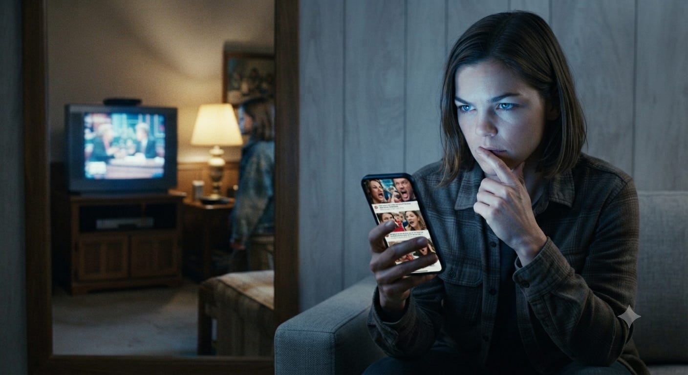 Young woman compares sensational content on a smartphone with an old television showing a daytime talk show, highlighting the connection between Gen X media habits and today's algorithmic feeds. Young woman compares sensational content on a smartphone with an old television showing a daytime talk show, highlighting the connection between Gen X media habits and today's algorithmic feeds.