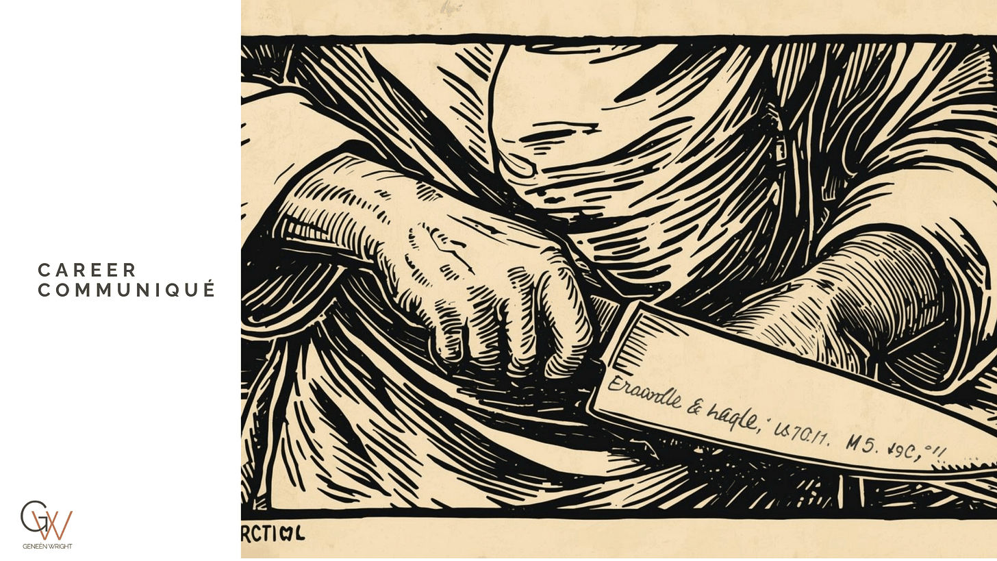 A black-and-white woodcut-style illustration depicting a close-up of hands gripping a large knife or blade with handwritten notations on its surface. The bold, cross-hatched linework evokes historical labor prints and the physicality of manual craft. The left panel features "Career Communiqué" in spaced uppercase lettering alongside the Geneèn Wright HQ logo. A black-and-white woodcut-style illustration depicting a close-up of hands gripping a large knife or blade with handwritten notations on its surface. The bold, cross-hatched linework evokes historical labor prints and the physicality of manual craft. The left panel features "Career Communiqué" in spaced uppercase lettering alongside the Geneèn Wright HQ logo.