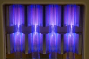 UV222 lights hang on the ceiling of the Aerobiology and Disinfection Laboratory at CU Boulder.