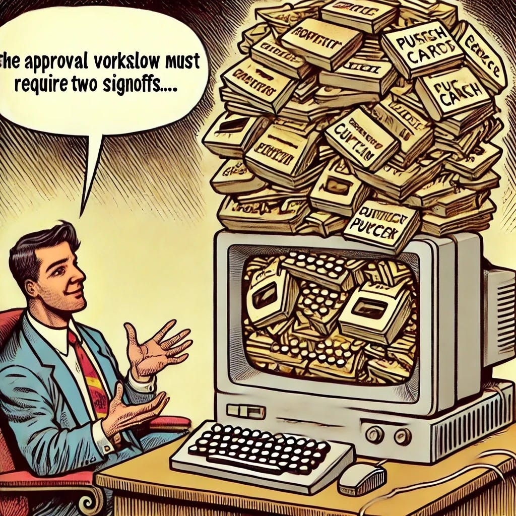 A political cartoon-style illustration depicting a software developer speaking directly to a computer, which humorously converts the developer's spoken words into vintage, old-style computing punchcards, stacking them in a comically large pile. The developer's expression is relaxed, engaged, and curious, highlighting a playful acceptance of the ironic scenario of advanced technology yielding outdated computing methods. The speech bubble from the developer clearly reads: 'the approval workflow must require two signoffs...'. Use exaggerated and humorous elements typical of political cartoons to emphasize the playful satire.