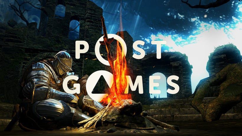 Our hero sits at a bonfire in Dark Souls with the Post Games logo keeping him company