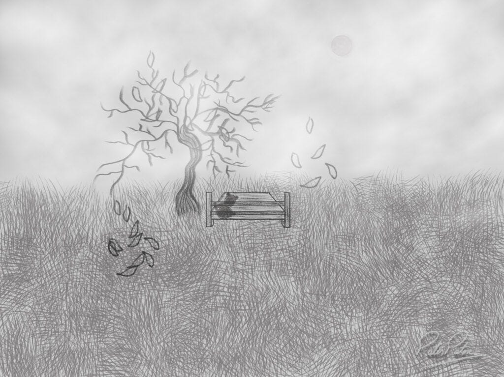 Illustration of a foggy landscape with a tree and a bench with a teddy bear