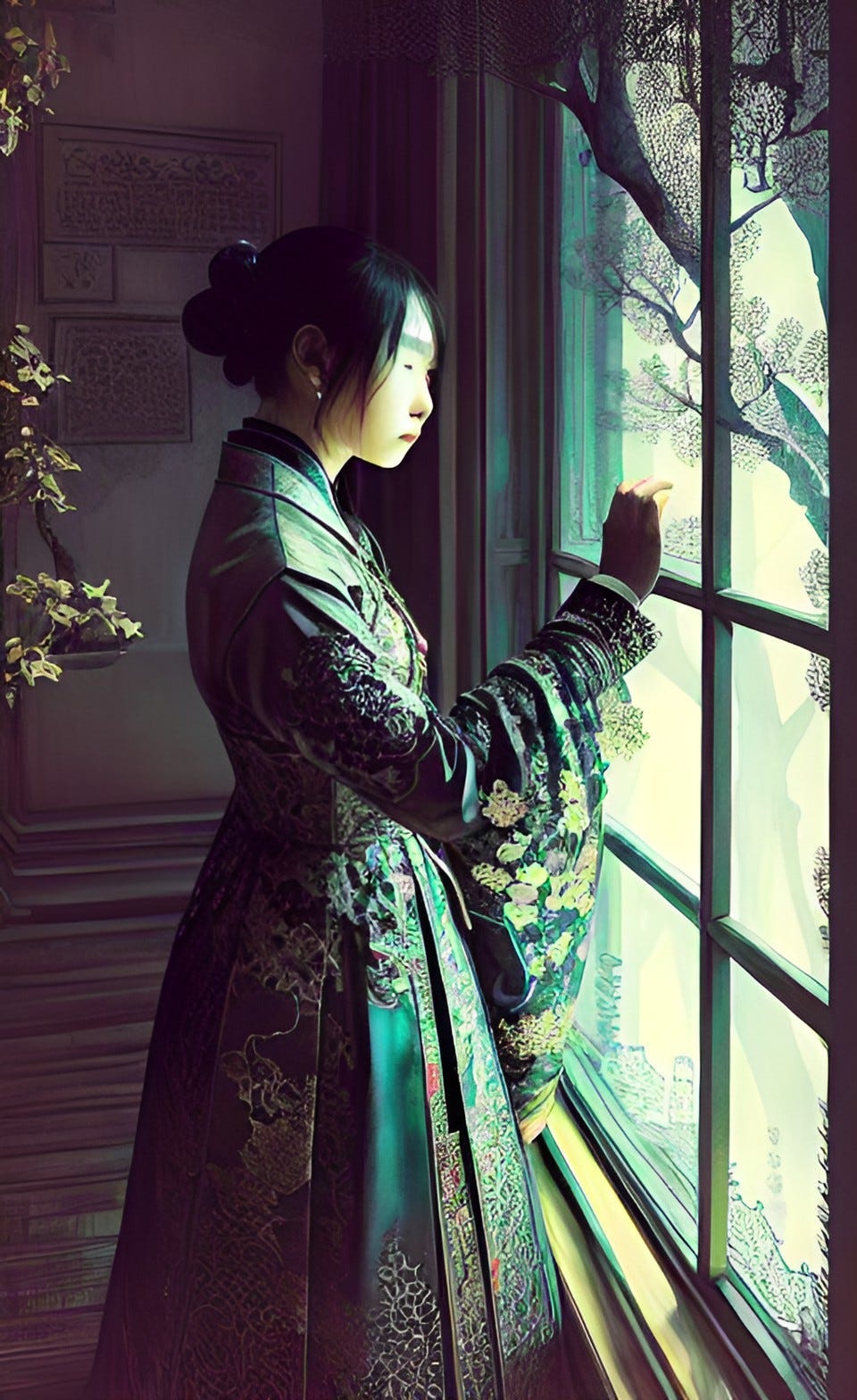 Color illustration of an Asian woman standing at a moonlit window. Created by Frank Moone using Dream.AI.