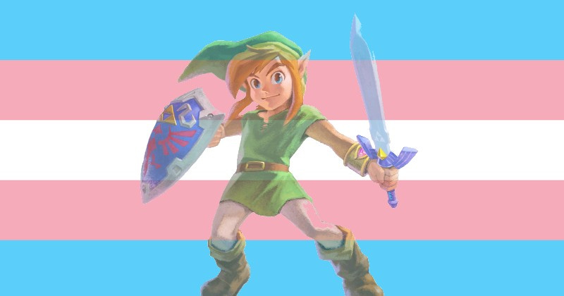 A trans flag with blue, pink, and white stripes, superimposed with Link in a green cap and tunic, holding the master sword and shield.