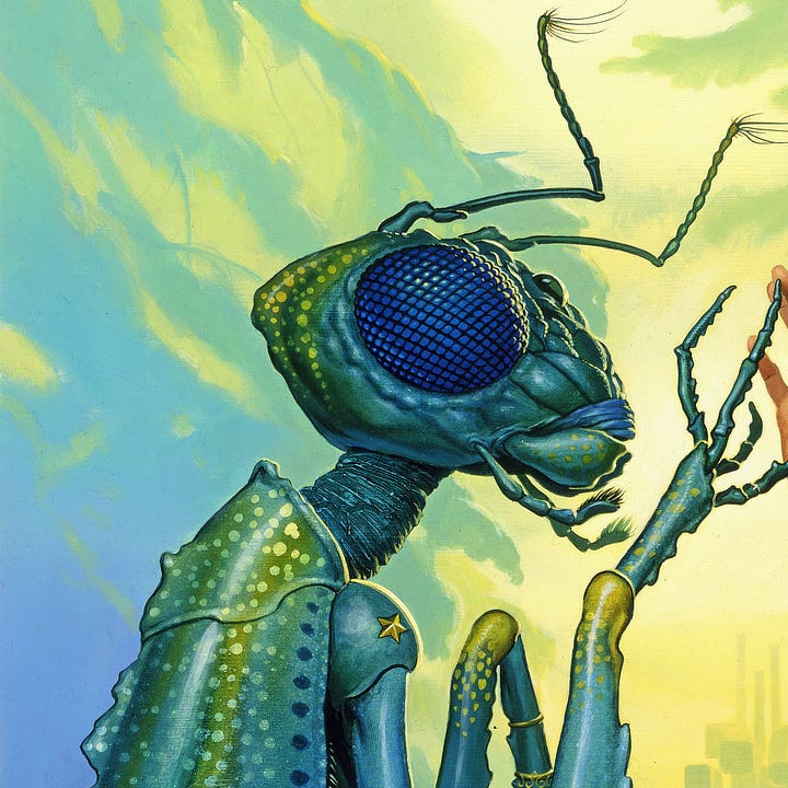 LEFT: Close detail from NOR CRYSTAL TEARS featuring the mantis-like alien with large compound eye. Its green carapace is spotted with yellow. Its antennae have wispy threads fanning at the ends.  RIGHT: Close detail from NOR CRYSTAL TEARS featuring the human female wearing a green puffer jacket with a patch of the cloudy planet Earth on the shoulder. The name on her jacket reads B. Delyer.