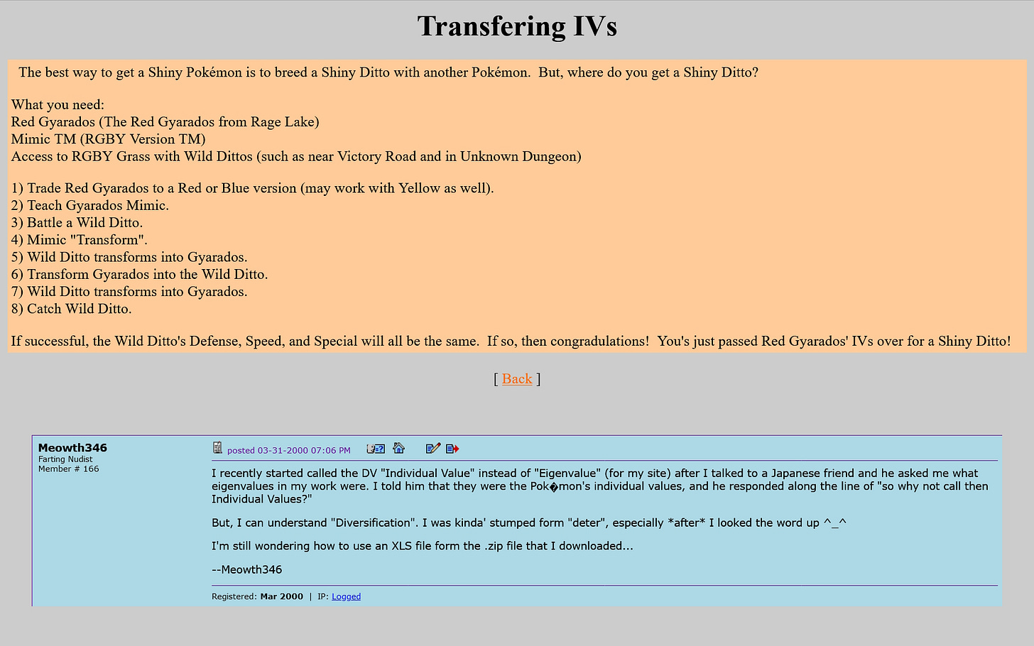 A page from Pokémon Forever in April 2001 and a post from Azure Forums from March 2000 discussing Pokémon IVs A page from Pokémon Forever in April 2001 and a post from Azure Forums from March 2000 discussing Pokémon IVs