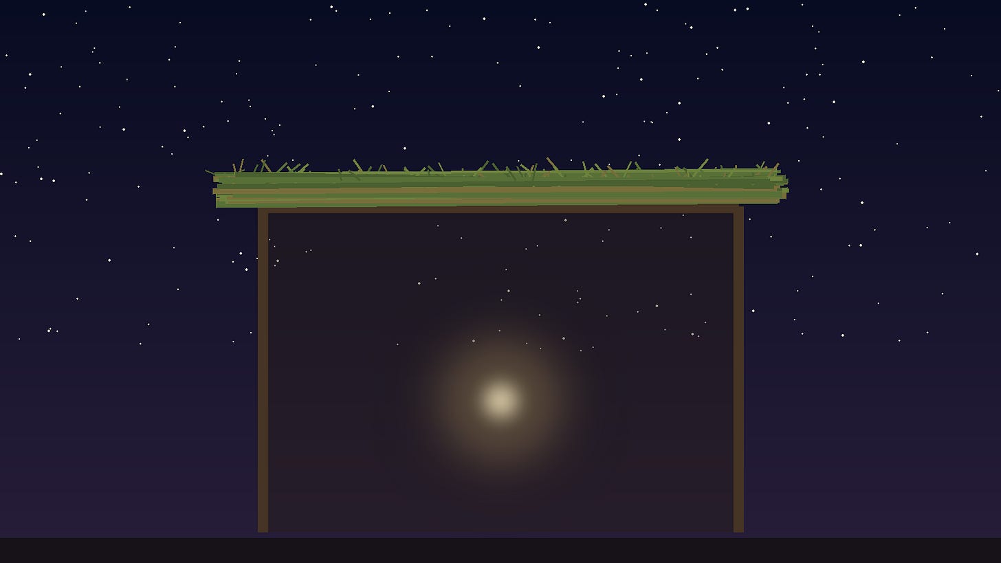 Abstract illustration: a single warm point of light glowing inside a sukkah beneath a branch roof, with stars visible through the gaps in the night sky.