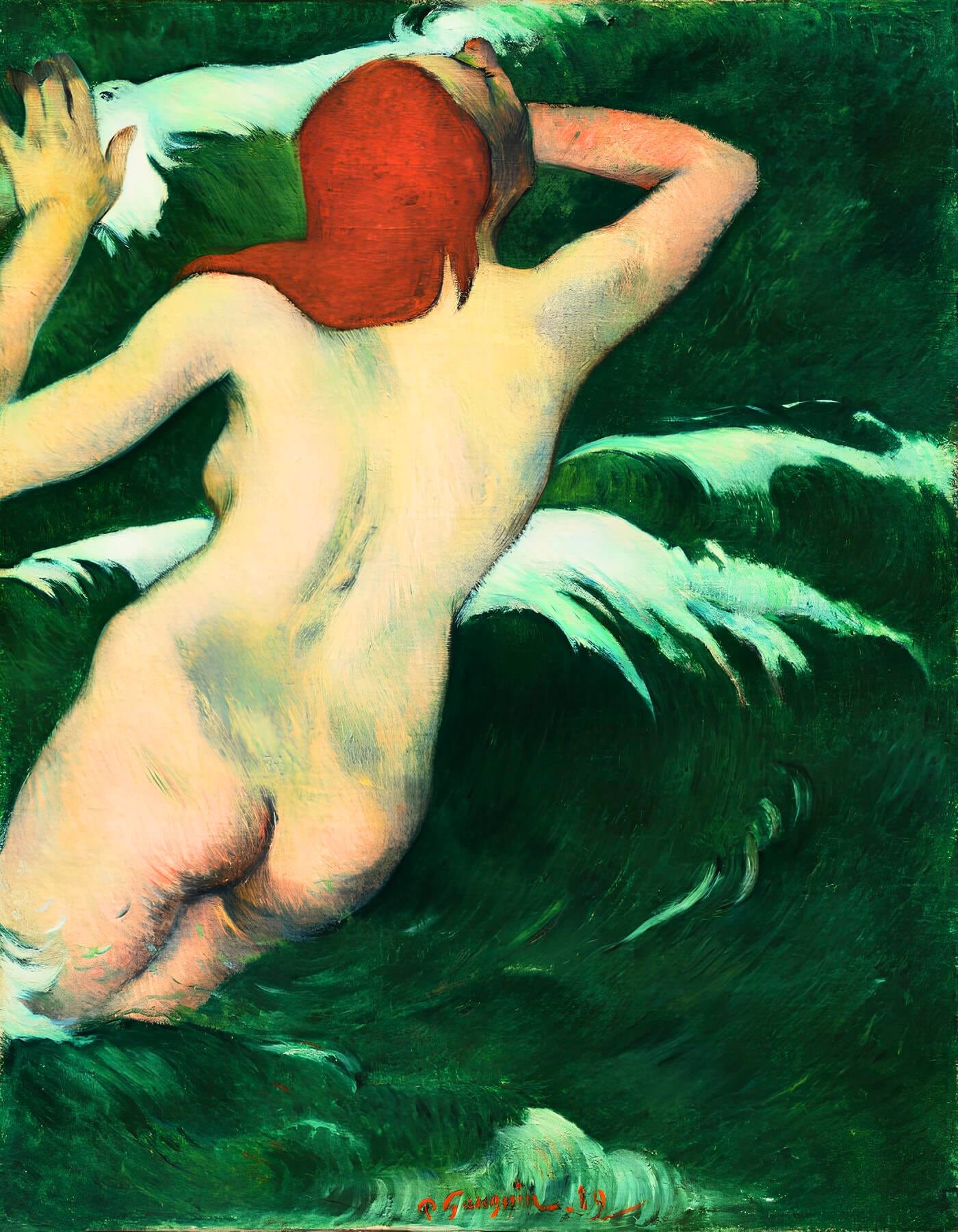 "In the Waves" by Paul Gauguin (1889). A woman with vivid red hair is seen from behind, diving into deep green, stylized waves. Her pale, arched body is caught mid-motion against the emerald water and white foam, emphasizing a sense of immersion and physical movement.