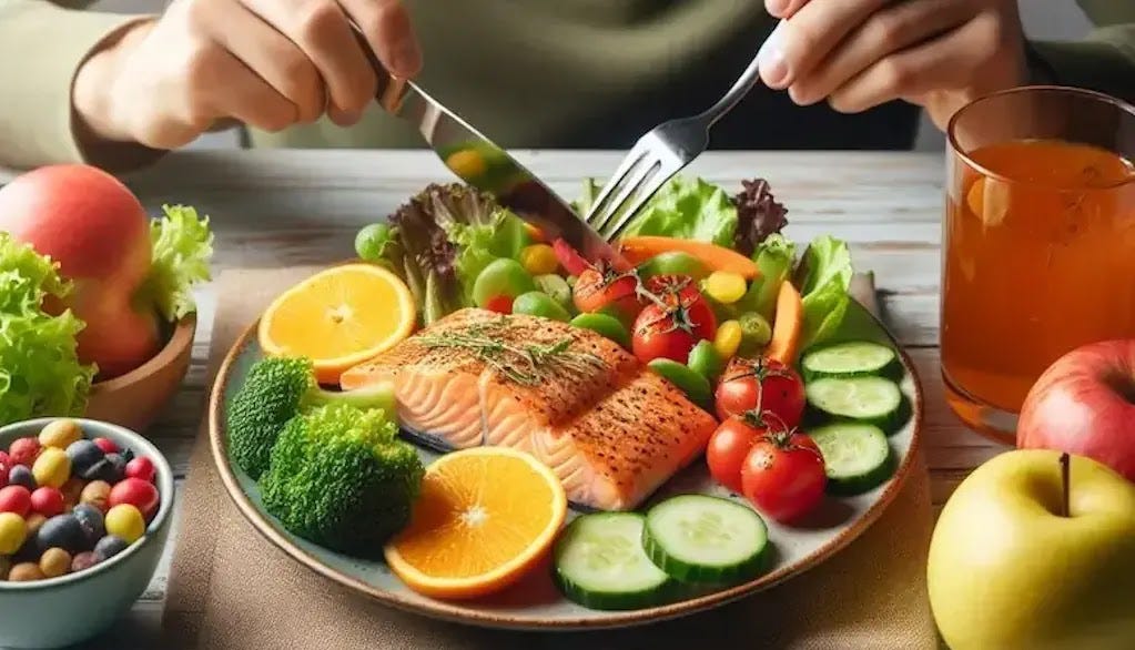 An individual is seated at a table, enjoying a meal consisting of a plate filled with fresh fruits, vegetables, and a baked salmon filet.