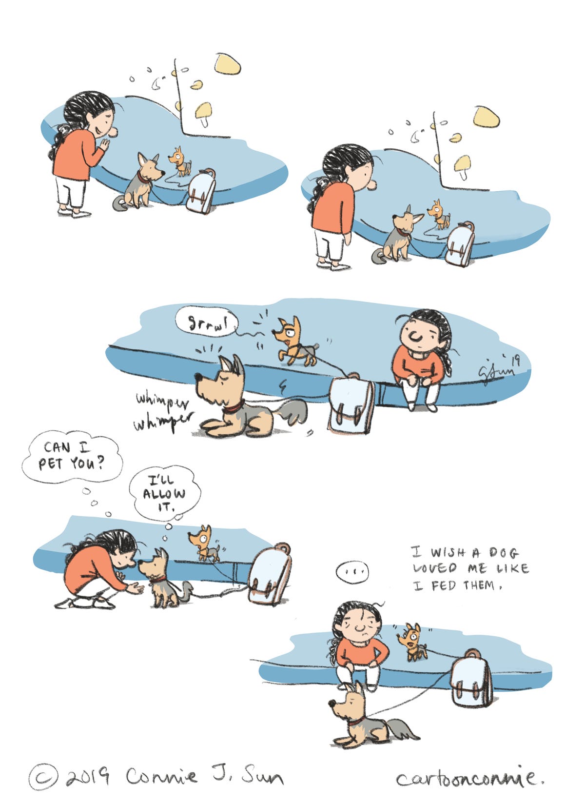 Art description: A 5-image borderless diary comic about trying to befriend dogs at the gym. Titled "Shy with Dogs," 2019, by Connie Sun, cartoonconnie.