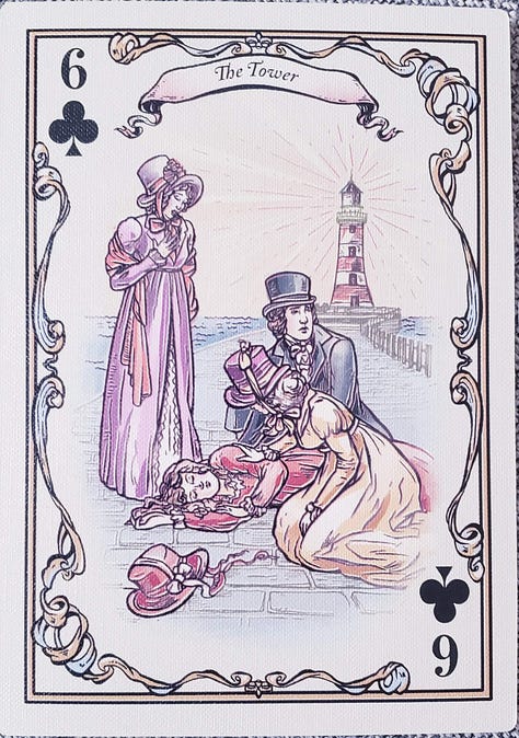 A gallery of 8 cards from the following tarot and oracle deck from top left to bottom right: The Wildwood Tarot, A Jane Austen Tarot Deck, The Poe Tarot, The Good Karma Tarot, Work Your Light Oracle, Wisdom of the Oracle, Secrets of the Mystic Grove Oracle, Earthcraft Oracle, Cosmic Journey Oracle,