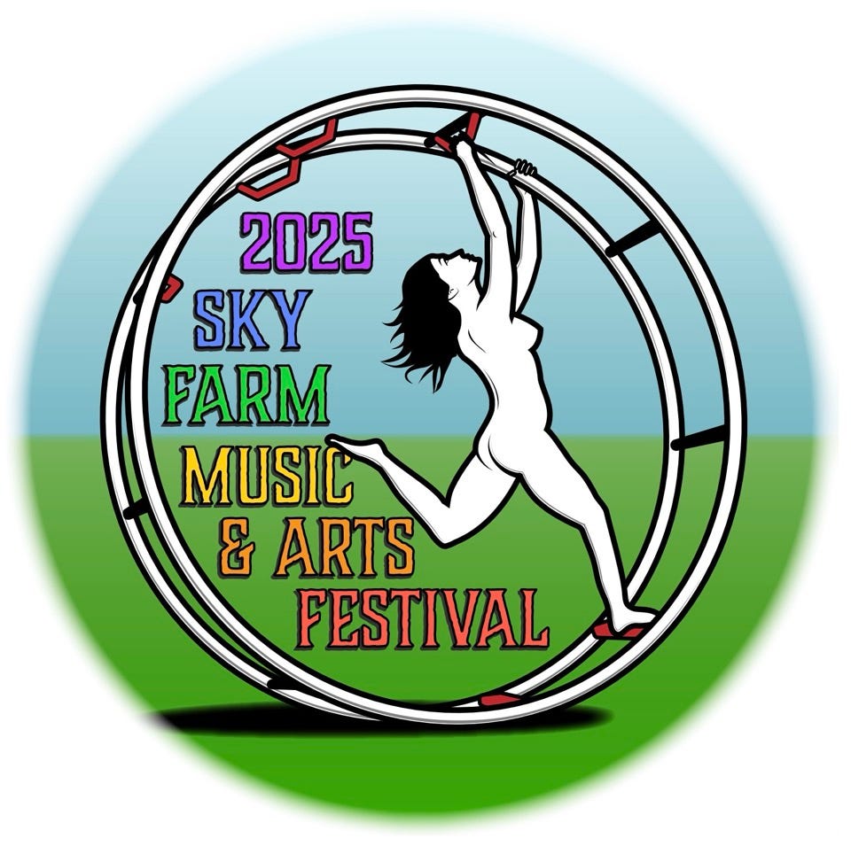 The logo for the 2025 Sky Farm Music & Arts Festival featuring a nude woman on Sky Farm's historic German Exercise Wheel. The logo for the 2025 Sky Farm Music & Arts Festival featuring a nude woman on Sky Farm's historic German Exercise Wheel.
