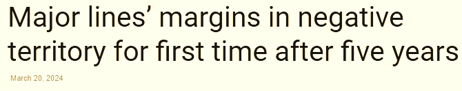 Headline from March 20, 2024 reporting that major global container shipping lines have returned to negative profit margins for the first time in five years. Useful context for GSL global shipping line deep dive, containership industry oversupply analysis, and investment thesis.