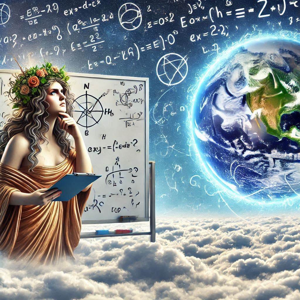 The perplexed Goddess Gaia looks at a whiteboard with complex equations written on it. She is standing on a cloud, on the horizon, planet Earth. DIgital art