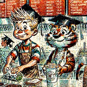 A young boy with spiky blond hair in a striped shirt and shorts, and a cartoon-style tiger companion, illustrated in a nostalgic vintage comic style. They are behind the counter at a Chipotle-style burrito restaurant, assembling burritos with rice, beans, and toppings. Both are wearing black college graduation caps and gowns over their usual clothes. The boy is wrapping a burrito, and the tiger is scooping ingredients with a big grin. The background shows the stainless steel counter, food bins, and a warm, bustling restaurant scene. The illustration uses hand-drawn textures and a watercolor comic-strip aesthetic, with no text or logos.