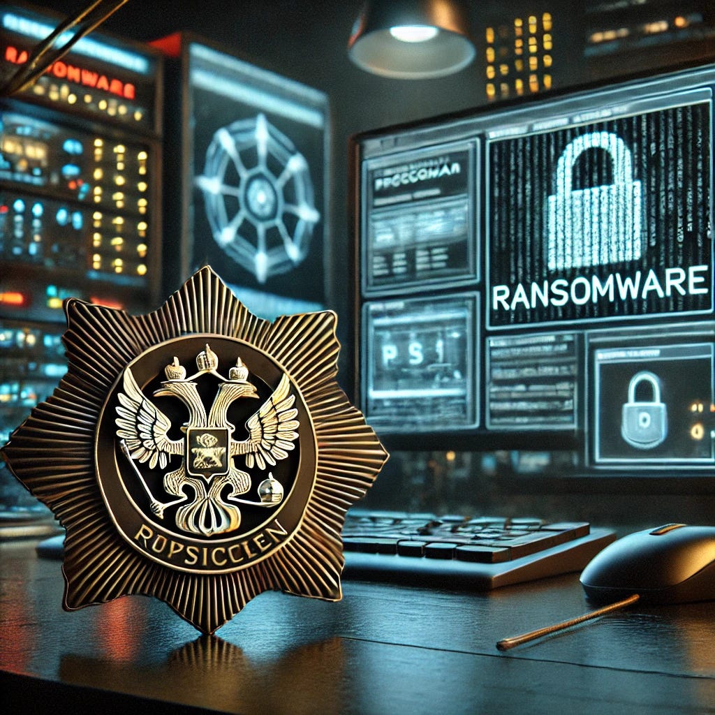 A detailed and realistic digital art representation of a Russian law enforcement badge next to a computer screen displaying ransomware code, set in a dimly lit cybersecurity lab. The setting includes futuristic tools and monitors with glowing indicators, evoking the tension of a major cybercrime investigation.