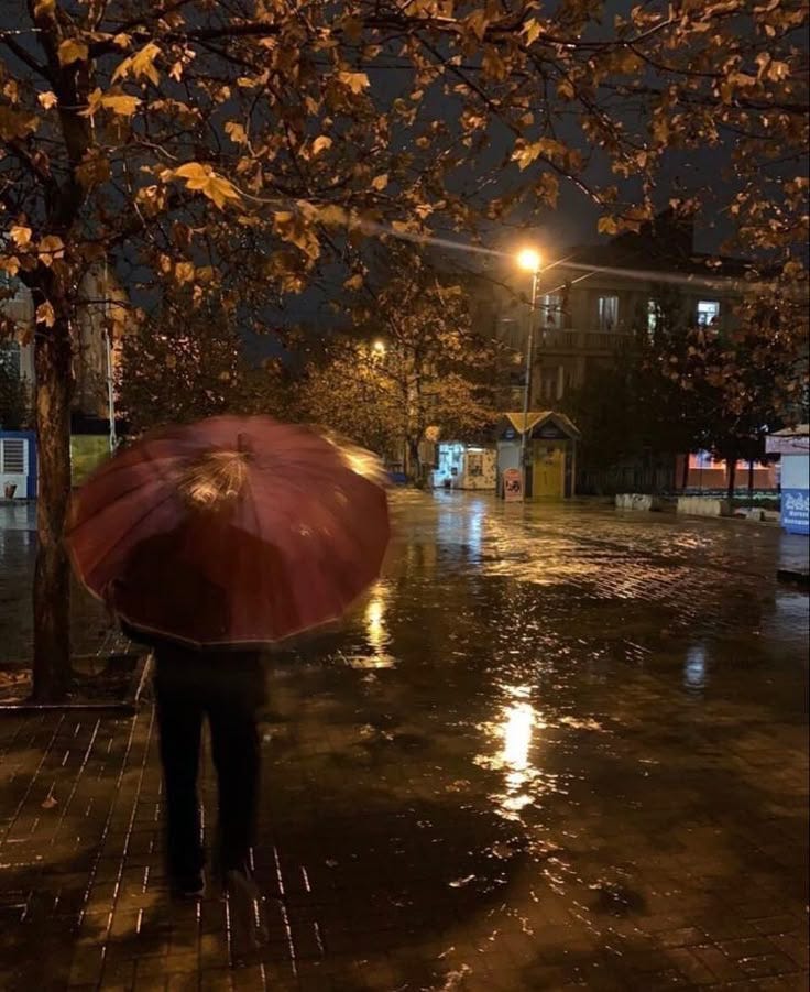 This may contain: a person with an umbrella walking in the rain on a city street at night time