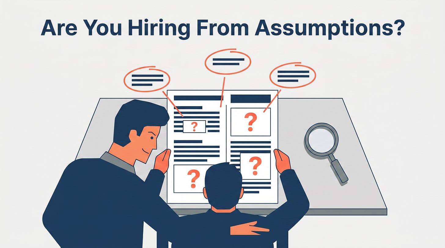 Illustration of two professionals reviewing a document with question marks and incomplete data, representing untested assumptions in a hiring brief.
