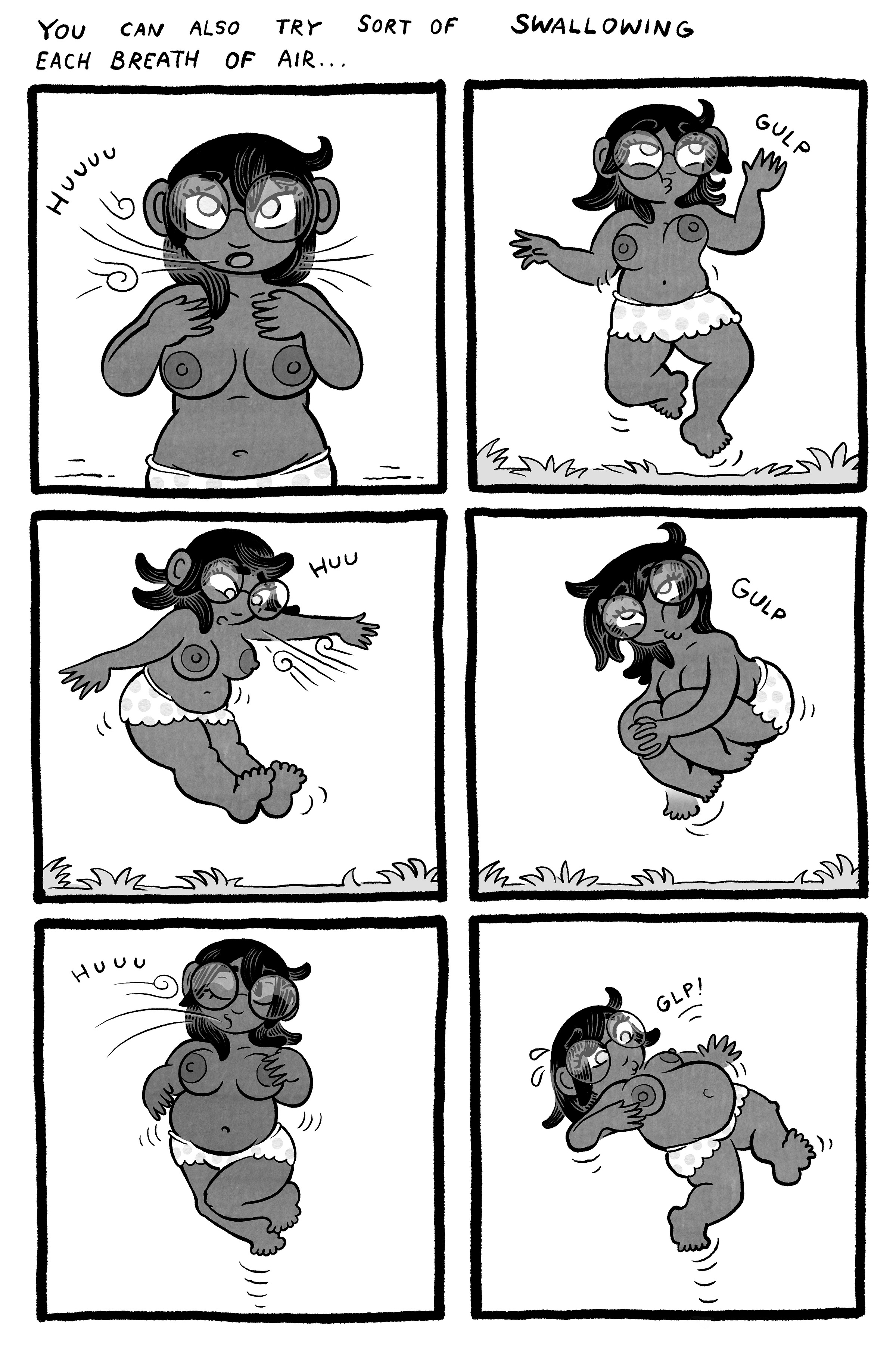 Six instructional panels beneath the text: “You can also try sort of swallowing each breath of air...” The woman experiments with inhaling and “gulping” air while hovering. With each attempt she curls tighter and puffs up more dramatically until her belly balloons outward and she wobbles midair with a startled “glp!”