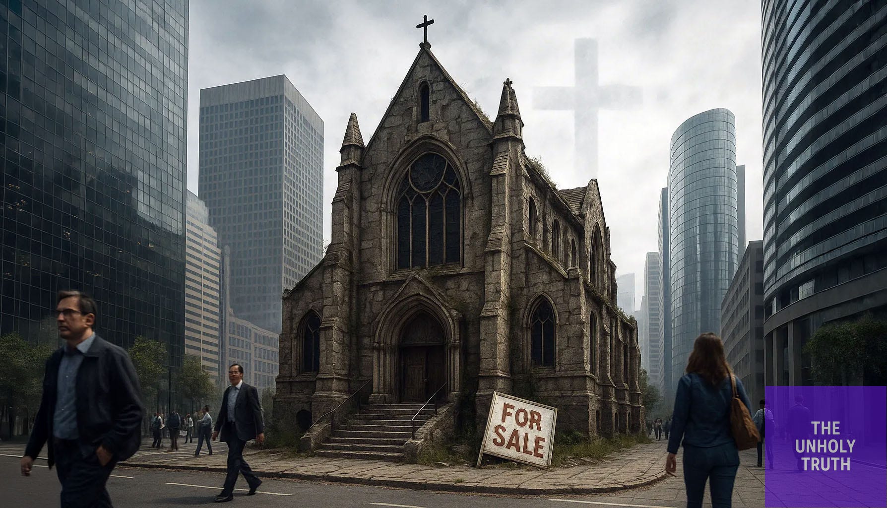 A decaying church in a modern city surrounded by tall buildings and disinterested pedestrians, symbolizing the slow decline of Christianity in the modern world. A decaying church in a modern city surrounded by tall buildings and disinterested pedestrians, symbolizing the slow decline of Christianity in the modern world.