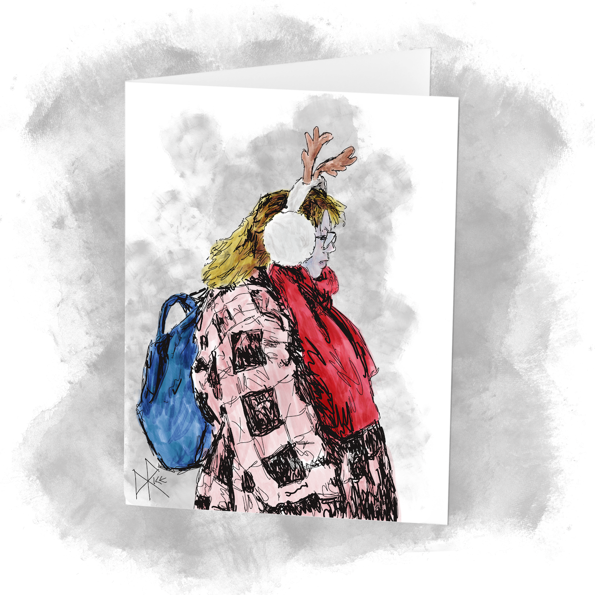 Young woman in a pink plaid coat, red scarf and decorative holiday ‘reindeer antler’ earmuffs. Sketch art by Don Rice. Young woman in a pink plaid coat, red scarf and decorative holiday ‘reindeer antler’ earmuffs. Sketch art by Don Rice.