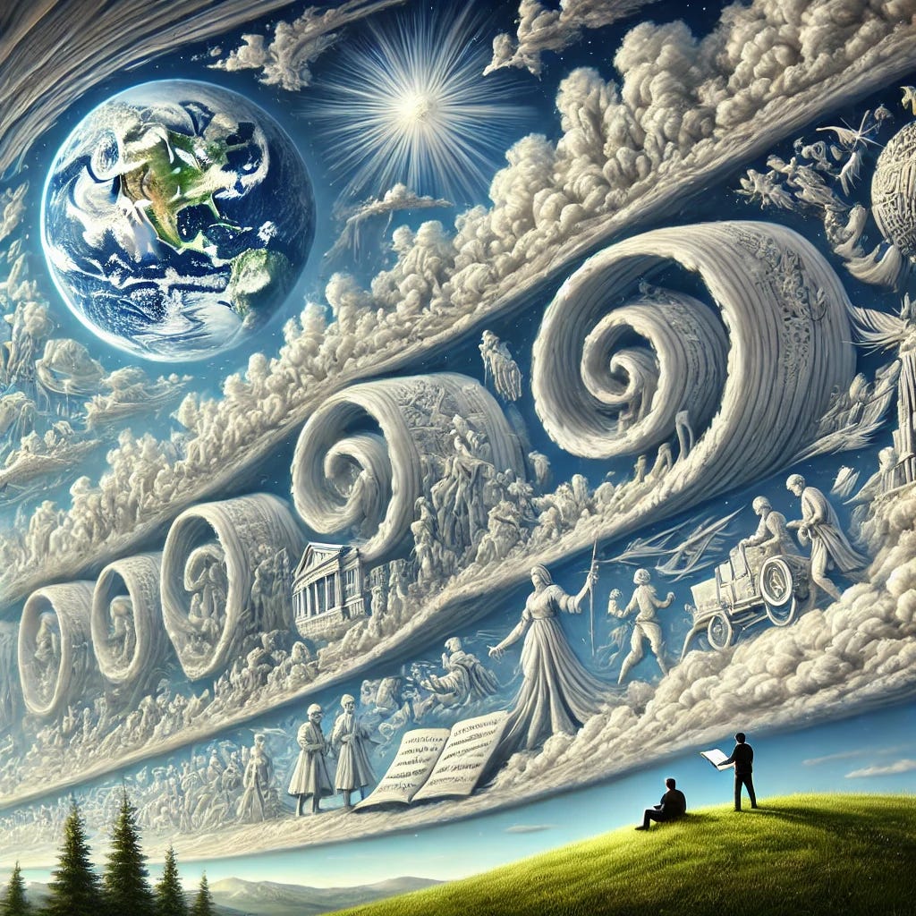 A surreal depiction of cloud patterns acting as Earth's diary, recording history in the sky. The clouds form scenes of historical events, wars, peace treaties, ancient civilizations, and futuristic visions. The sky is vast and filled with intricate, wispy formations resembling pages of a book, turning as the wind moves. A lone observer on a hill watches in awe as the sky writes the world's past and future.